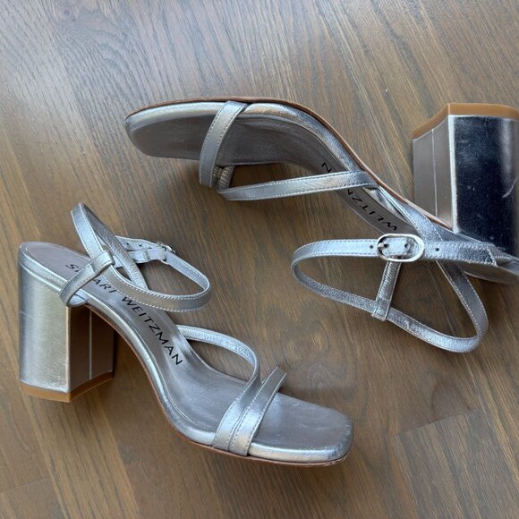Stuart Weitzman Strappy Silver Block Heel Sandal - Picture 2 of 4